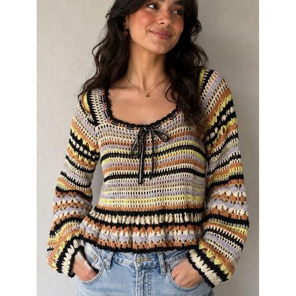 Ulla Johnson Sweaters - Ulla Johnson Constanza Crochet Striped Knit Peasant Peplum Cottagecore Sweater